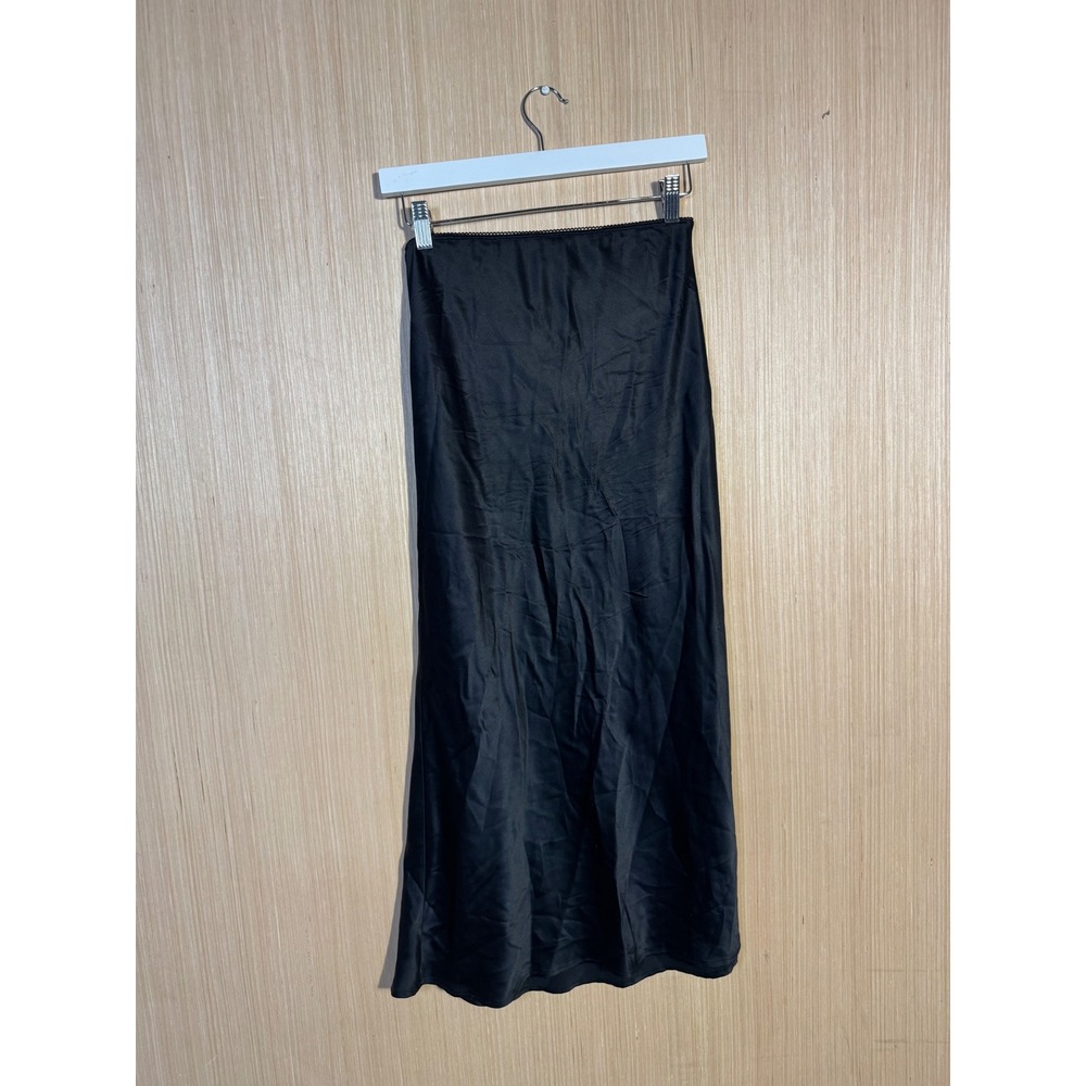 Reformation Black 100% Silk Midi Slip Skirt Scalloped Lace Trim Size 0